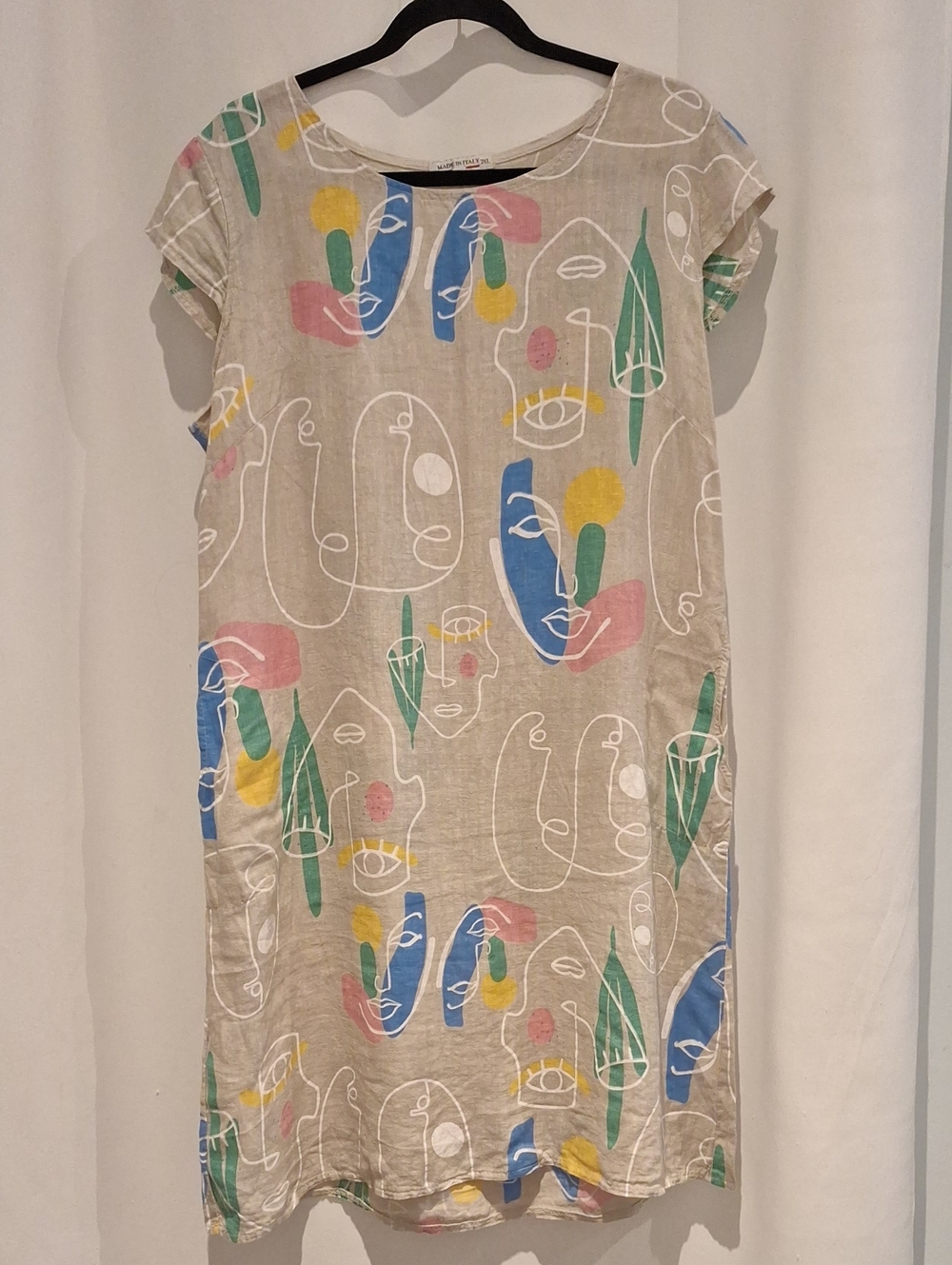 Made In Italy 100% Linen Beige Abstract Face Print Shift Dress